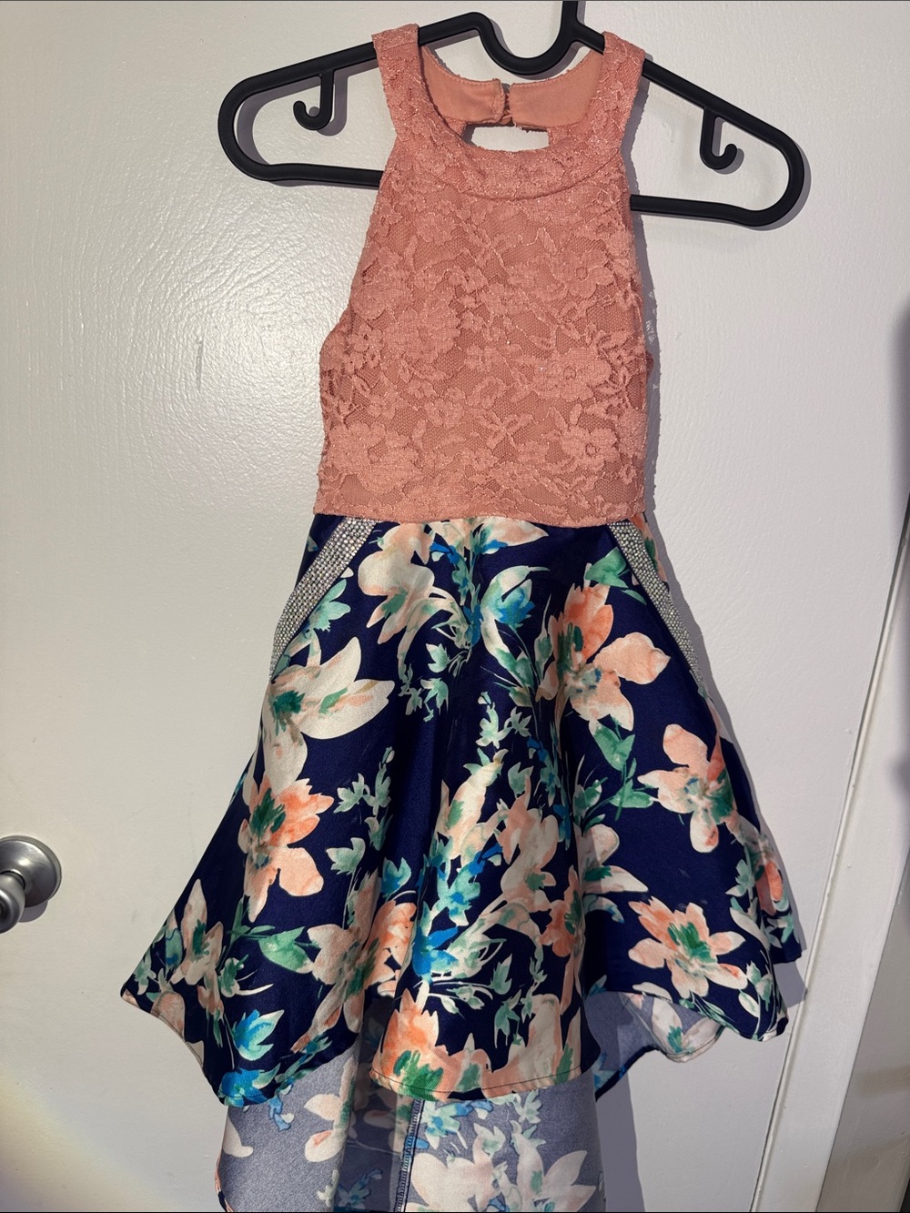 Speechless Blush Lace Top Navy Floral Skirt Party Dress